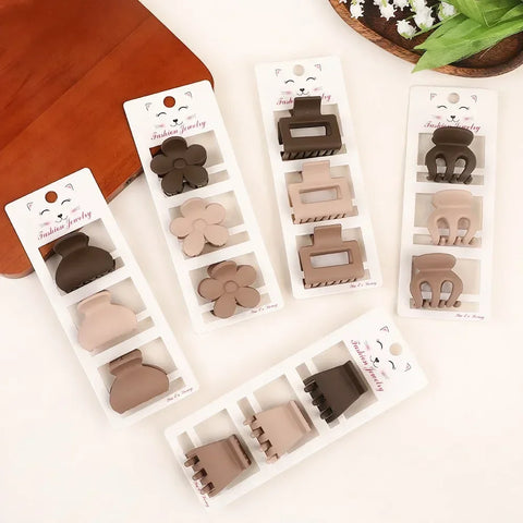 3pcs Coffee Color Small Hair Claw Clips - Simple Geometric Barrettes for Women and Girls