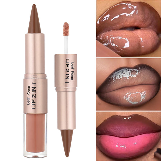 Black Brown Tapered Lip Liner & Contour Pencil with Double Head Mirror and Plumping Lip Glaze