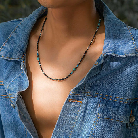 Stylish Synthetic Turquoise Necklaces for Men and Boys - Mini Black Beaded Summer Beach Jewelry