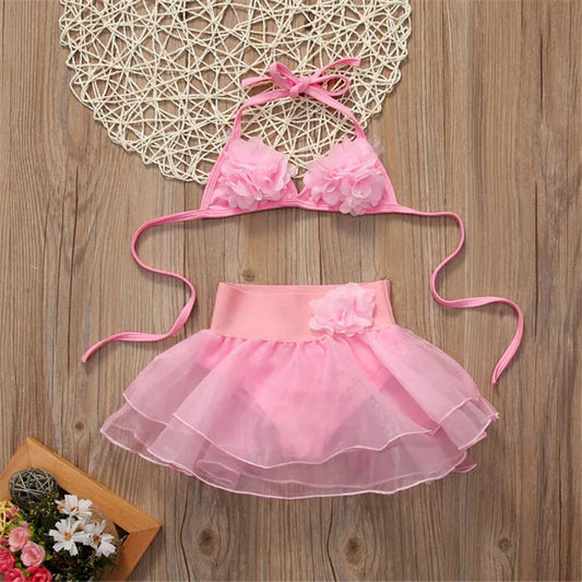 Baby Girls Solid Pink Hanging-Neck Tutu Swimsuit