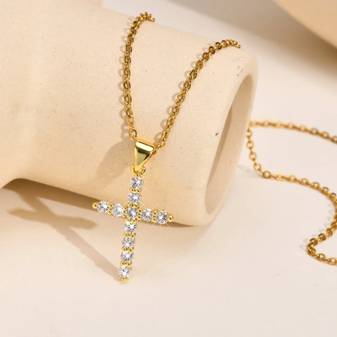 Danity Cubic Zirconia Cross Pendant Necklace for Women - Adjustable Stainless Steel Chain
