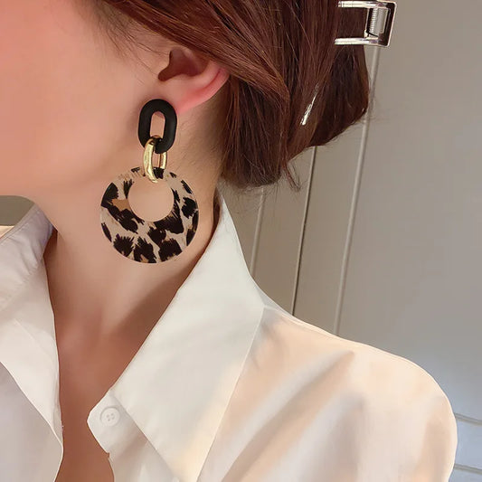 Vintage Black Leopard Print Circle Drop Earrings for Women - Trendy Acrylic Round Geometric Dangle Jewelry 2025