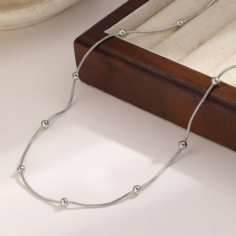Vintage Fashion Stainless Steel Necklace with Small Round Beads and Bamboo Chain for Women