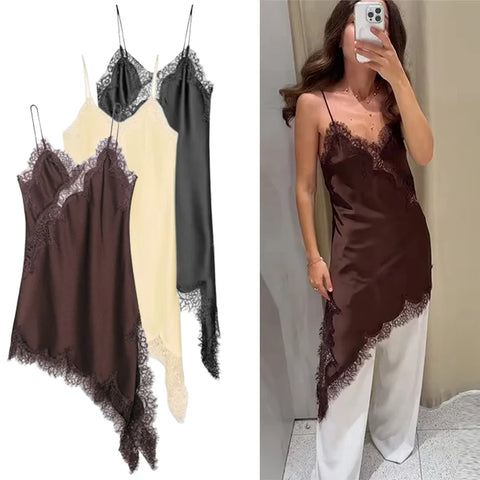 TRAF Satin Sexy Lace Spliced Short Sling Dress