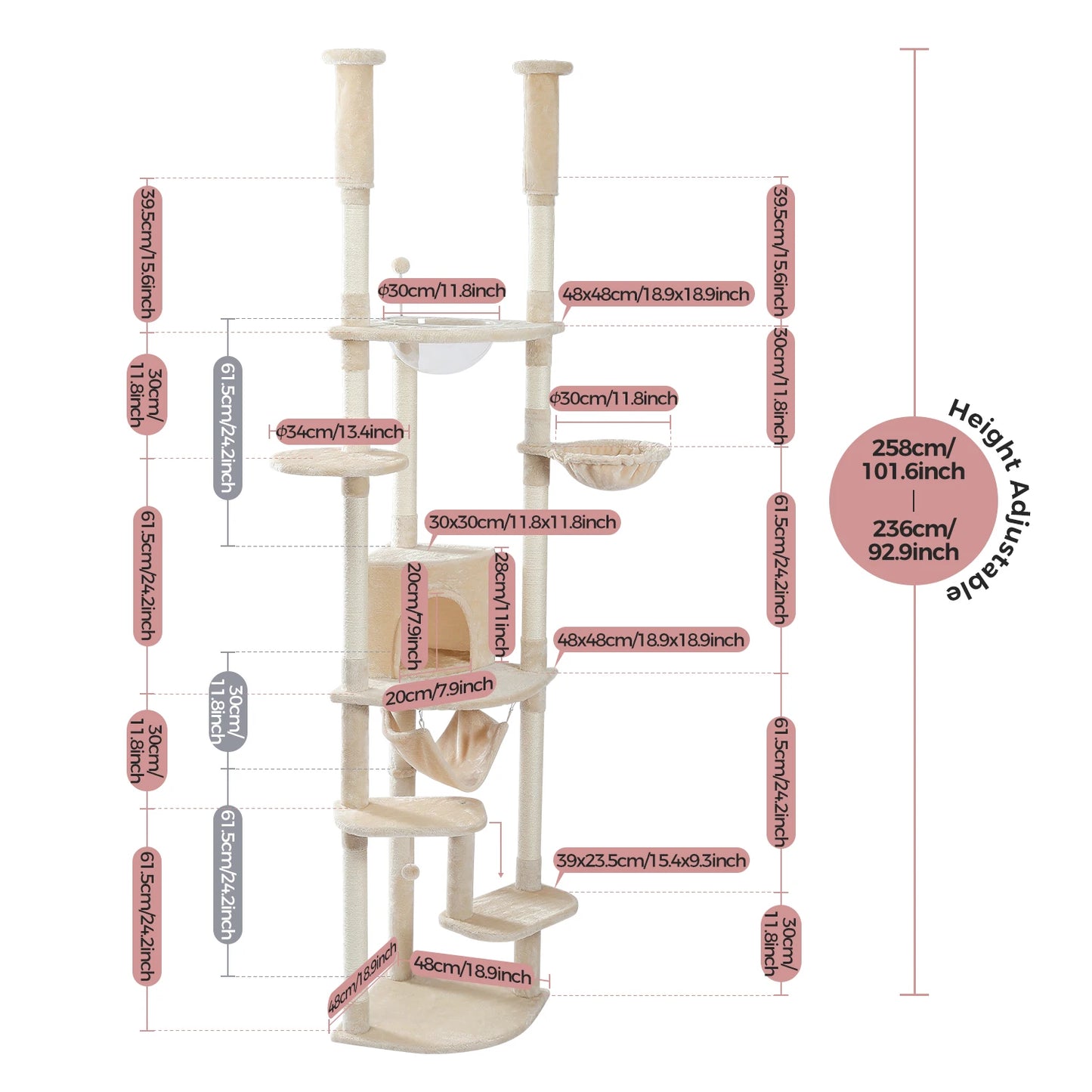 Floor to Ceiling Cat Tree - Adjustable Cat Tower with Cozy Condo, Scratching Posts, and Hammock