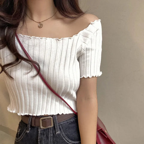 ITOOLIN Women Knitted Ruffles Hem Tops