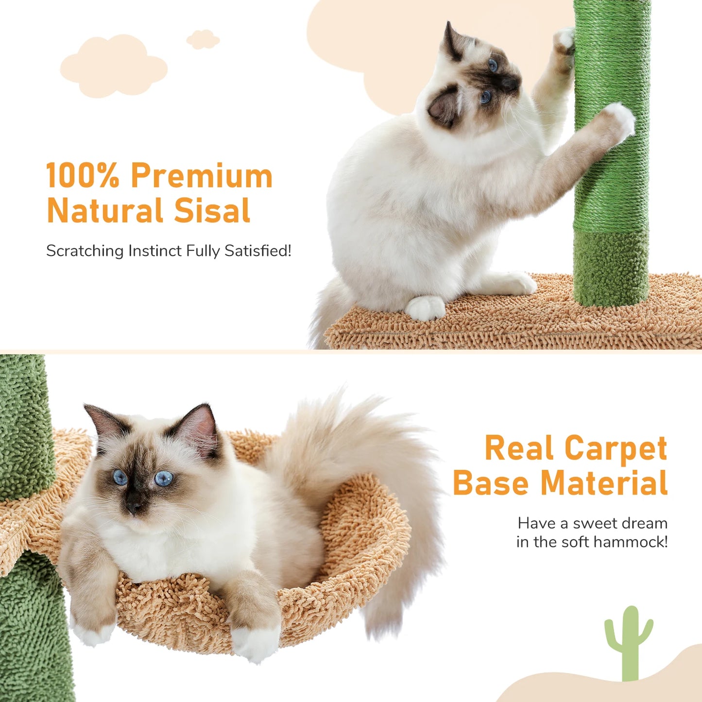 5-Tier Floor to Ceiling Cat Tree Cactus Tower with Scratching Post, Hammock & Dangling Ball
