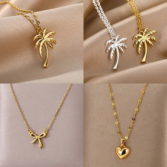 Coconut Palm Tree Necklace for Women – Dainty Stainless Steel Palm Necklace – Bohemian Jewelry for Summer Ocean Beach Accessories