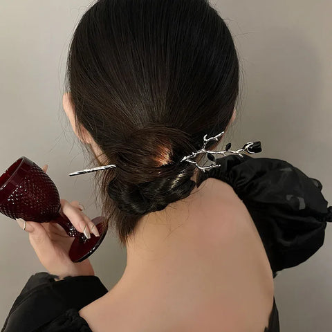 2025 Vintage Rose Flower Crystal Branch Hairpin - Elegant Metal Texture Headwear Jewelry for Women