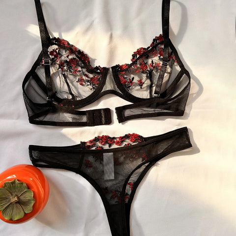 Exotic Women's Embroidered Bra and Lingerie Set - Push Up Bralette