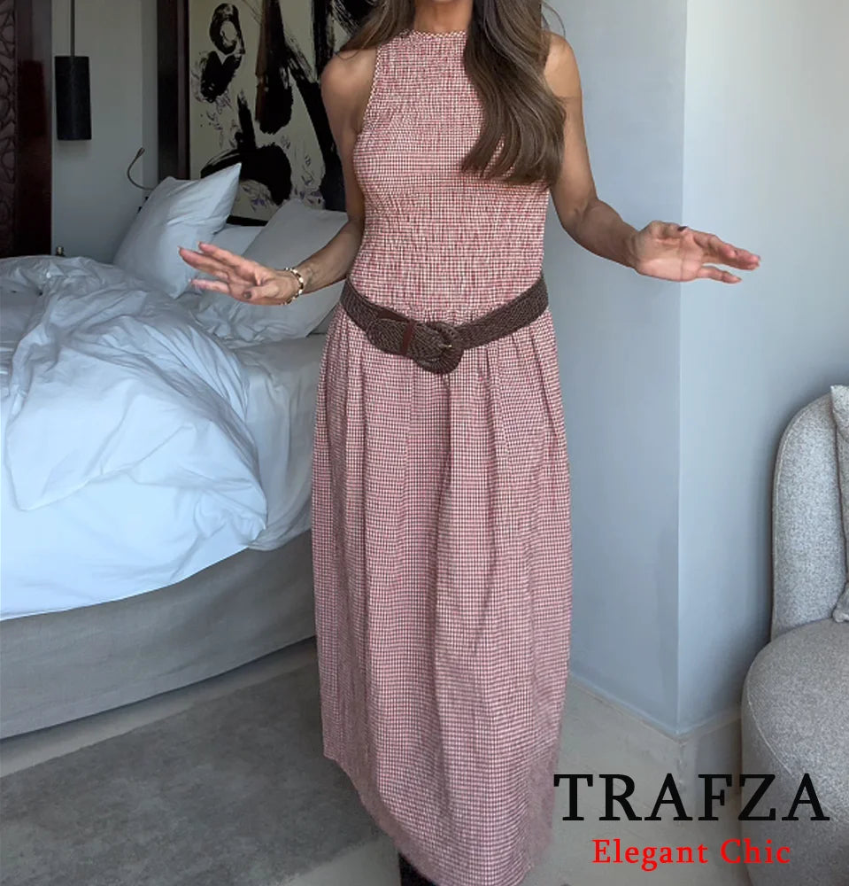 TRAFZA Women Elegant Plaid Vest Dress
