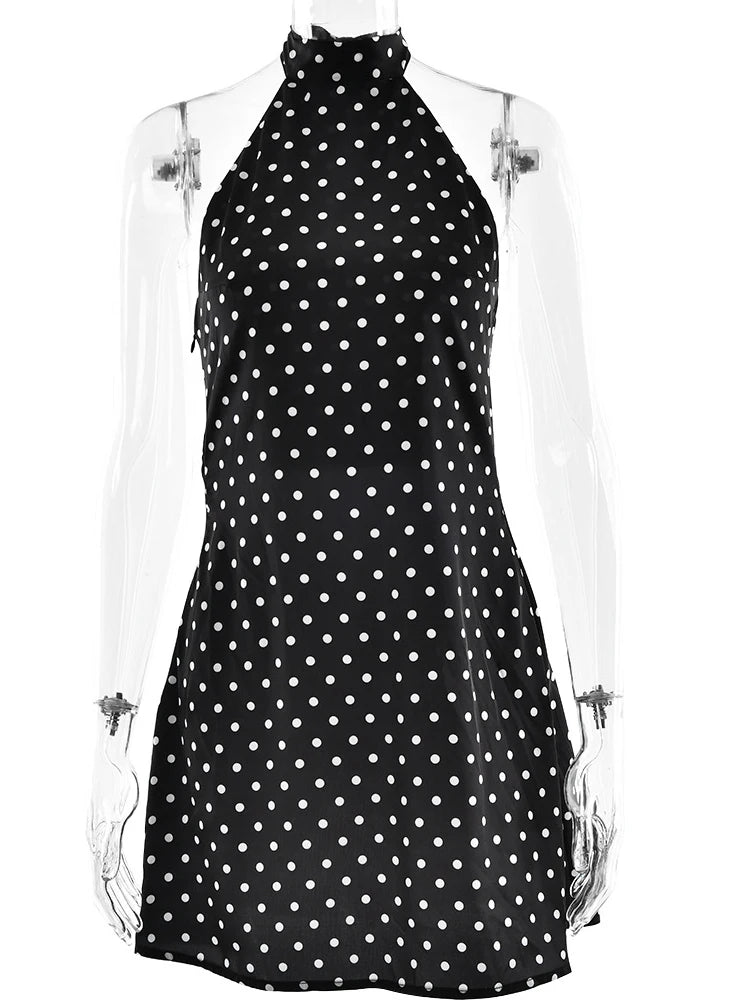 Fantoye Sexy Backless Printed Polka Dot Women Dress - High Waist Halter Mini Dress for Summer Parties