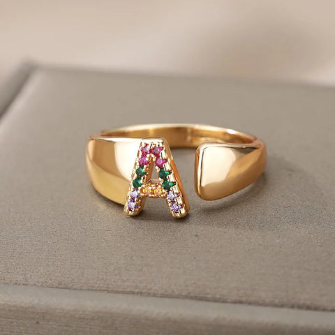 Rainbow Zircon Letter Rings - Stylish A-Z Chunky Wide Stainless Steel Jewelry for Women
