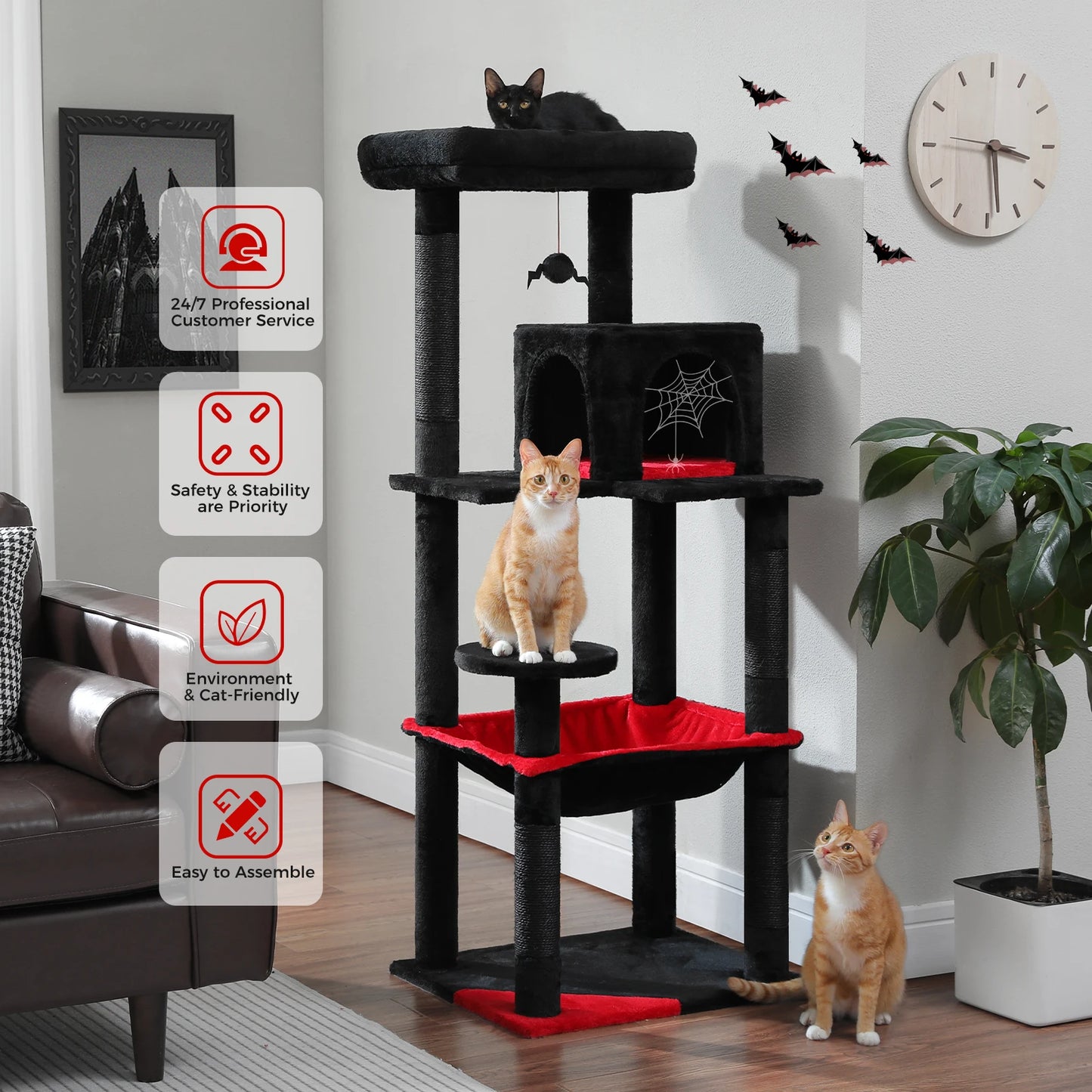 Gothic Cat Tree for Indoor Cats with Large Hammock and Scratching Posts