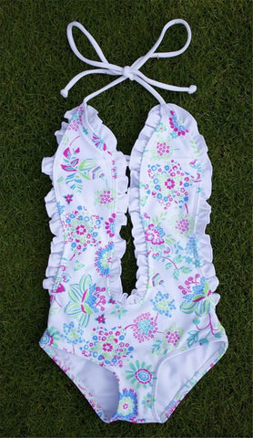 Kids Floral Printed Ruffled Swimwear Bodysuit