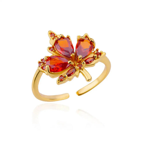 Zircon Maple Leaf Ring for Women - Gold Color Stainless Steel Fashion Jewelry