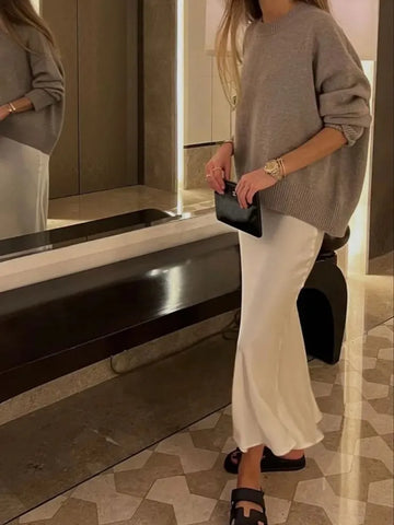 MUJER 2025 Satijnen Midi-rok voor dames - Elegante zwarte rok met hoge taille voor kantoor en zomer