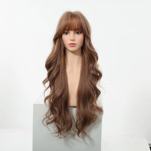EASIHAIR Long Wavy Brown Synthetic Wigs for Women - Natural Curly Hair with Bangs for Daily Use and Cosplay