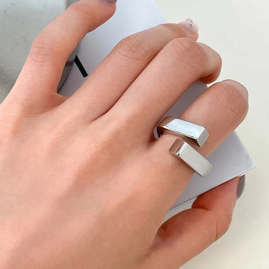 Korean Silver Color Geometric Rectangle Cross Rings - Vintage Double-Layer Adjustable Ring for Men and Women