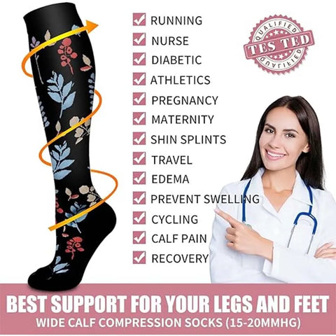 6 Pairs of Floral Pattern Compression Stockings for Men & Women - Ideal for Edema and Varicose Veins