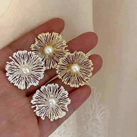 Exaggerated Metal Flowers Pearl Stud Earrings – Fashion Jewelry Gifts for Women