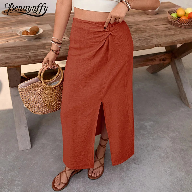 Benuynffy Solid Color Split Long Skirt for Women - Summer Fashion with Elastic Waist