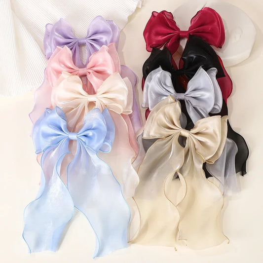 Girls Long Big Bow Float Satin Clips Back Head Hair Clip - Elegant Hair Accessories
