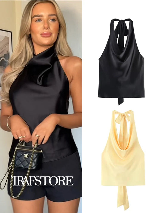 TRAF 2025 Spring Summer Women Fashion Hanging Neck Collar Silk Textured Top