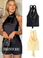 TRAF 2025 Spring Summer Women Fashion Hanging Neck Collar Silk Textured Top