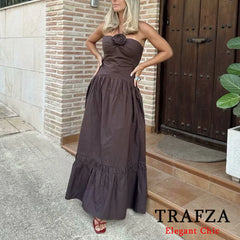 TRAFZA Elegant Sexy Brown Flower Halter Women Dress