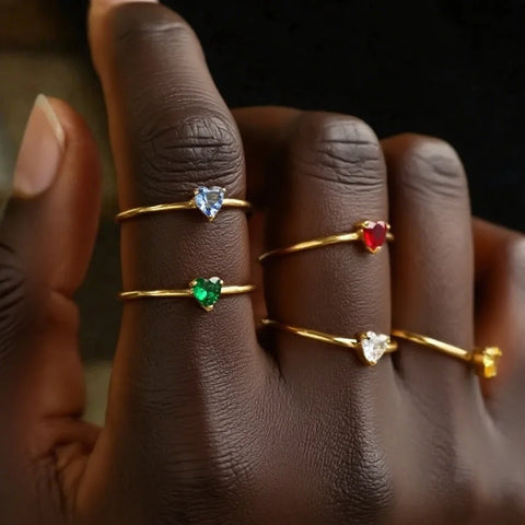 Zircon Heart Birthstone Rings for Women - Adjustable Gold Color Stainless Steel Wedding Jewelry Gift