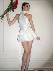 Fantoye Satin Sexy Backless 3D Flowers Women Dress - White Halter A-line Party Clubwear