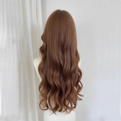 EASIHAIR Long Wavy Brown Synthetic Wigs for Women - Natural Curly Hair with Bangs for Daily Use and Cosplay