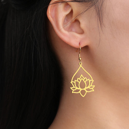 Skyrim Lotus Flower Rhinestone Dangle Earrings - Gold Stainless Steel Bohemian Jewelry for Women