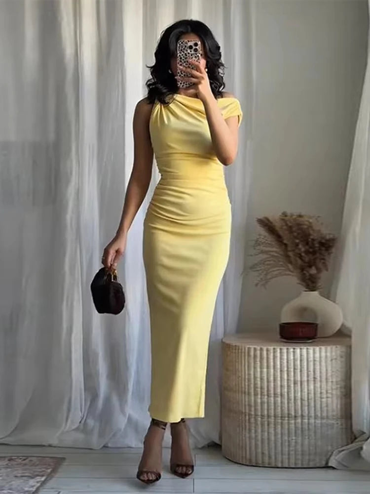 MUJER Yellow Draped Long Dresses for Women