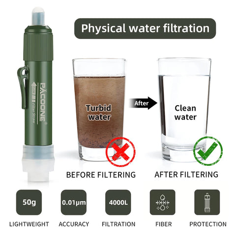 PACOONE Mini Camping Purification Water Filter Straw with TUP Carbon Fiber Water Bag for Survival & Emergency Supplies