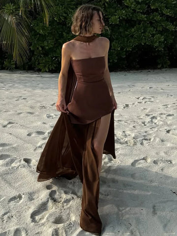 TARUXY Fashion Strapless Jurk - Elegante Mouwloze Mesh Strandvakantie Lange Jurk voor Dames