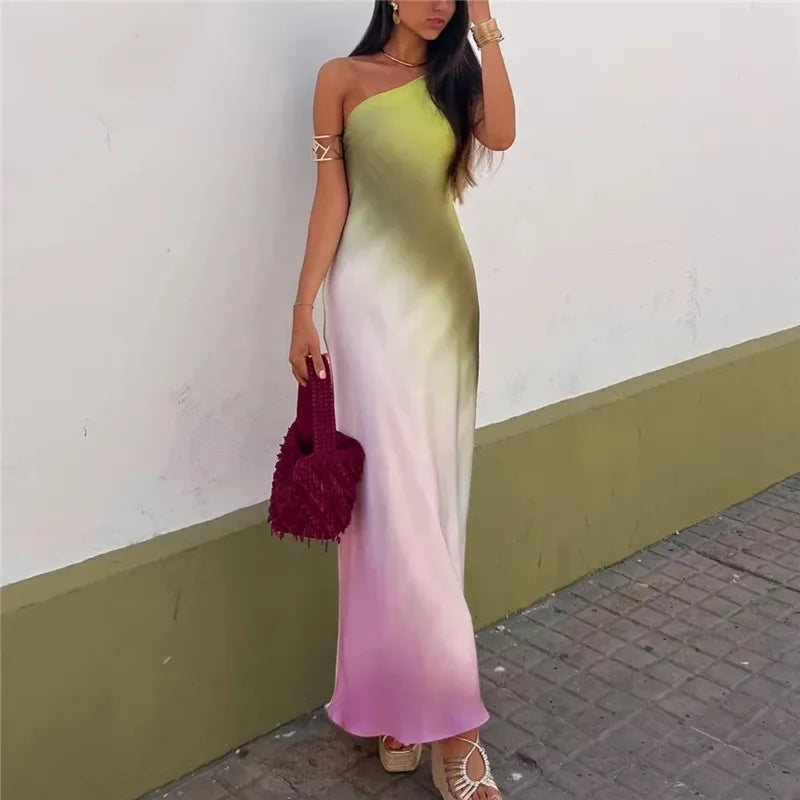 MUJER Tie Dye Long Dress - Asymmetric Satin Backless Evening Dress