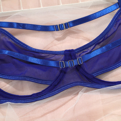 2-Piece Contrast Color Mesh Cut Out Transparent Lingerie Set for Women