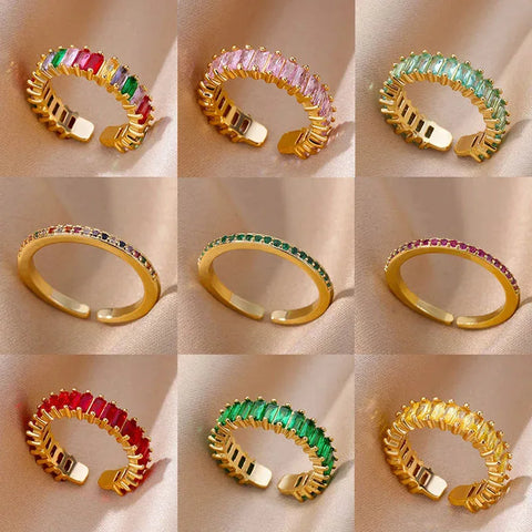 Mini Zircon Green Rings for Women - Adjustable Stainless Steel Gold Color Engagement Wedding Jewelry Gift