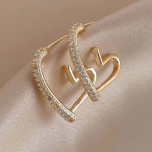 Fashion Simple Gold Color Love Heart Earrings for Women - Trendy Elegant Metal Geometric Zircons Heart-Shaped Jewelry