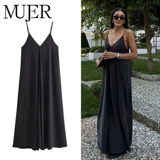 MUJER Black Slip Long Dress - Sexy Backless Maxi Dress
