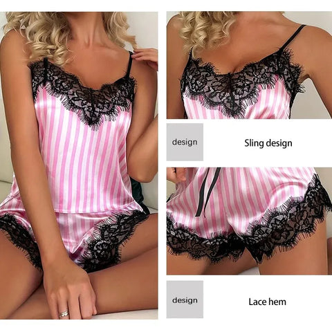 Tweedelige pyjamabroekset met V-hals en jarretels voor dames