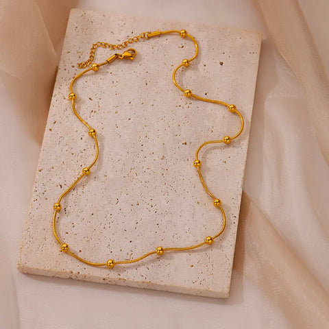 Stainless Steel Beaded Round Snake Chain Necklace for Women - Gold Geometric Luxury Jewelry