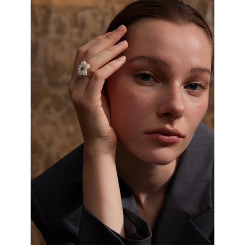 Yhpup Thicker Natural Shell Flower Open Gold Color Ring - Fashion Stainless Steel Waterproof Jewelry
