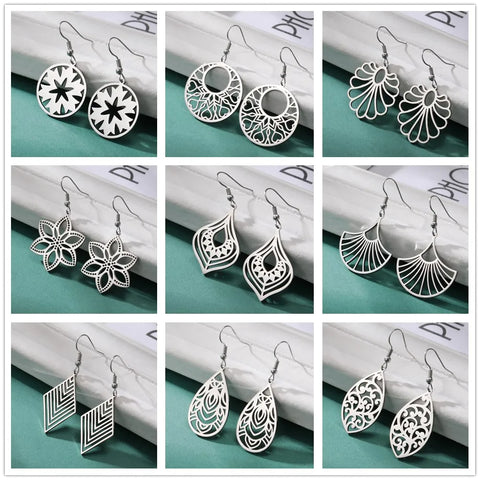 Skyrim Bohemian Flower Filigree Drop Earrings - Stainless Steel Waterproof Dangle Earrings for Women