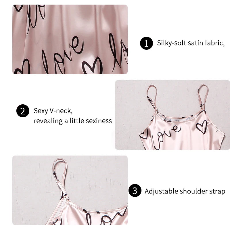 Women Satin Silk Pajamas Sets with Letter Print