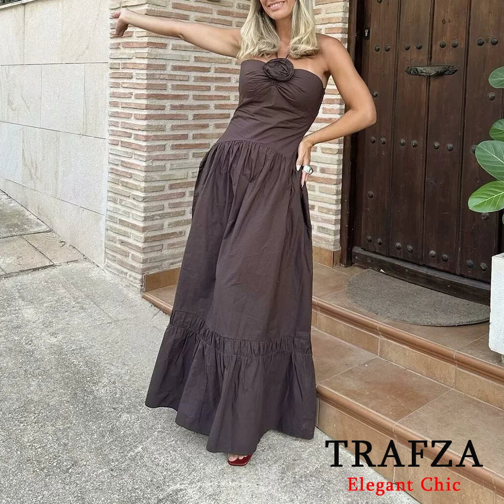 TRAFZA Elegant Sexy Brown Flower Halter Women Dress