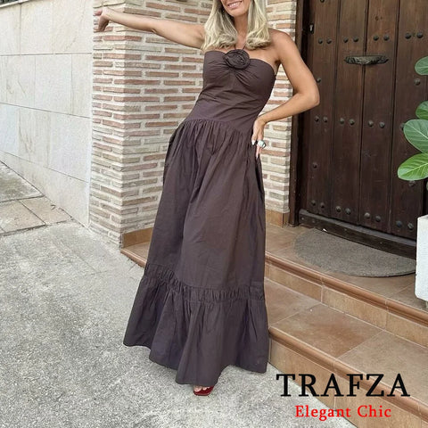 TRAFZA Elegant Sexy Brown Flower Halter Women Dress