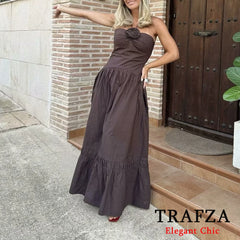 TRAFZA Elegant Sexy Brown Flower Halter Women Dress